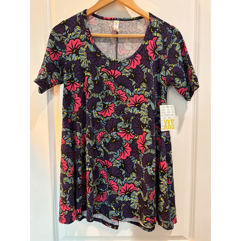 LuLaRoe Perfect T Tunic Top XXS Floral Purple Pink Teal Short Sleeve Scoop Neck